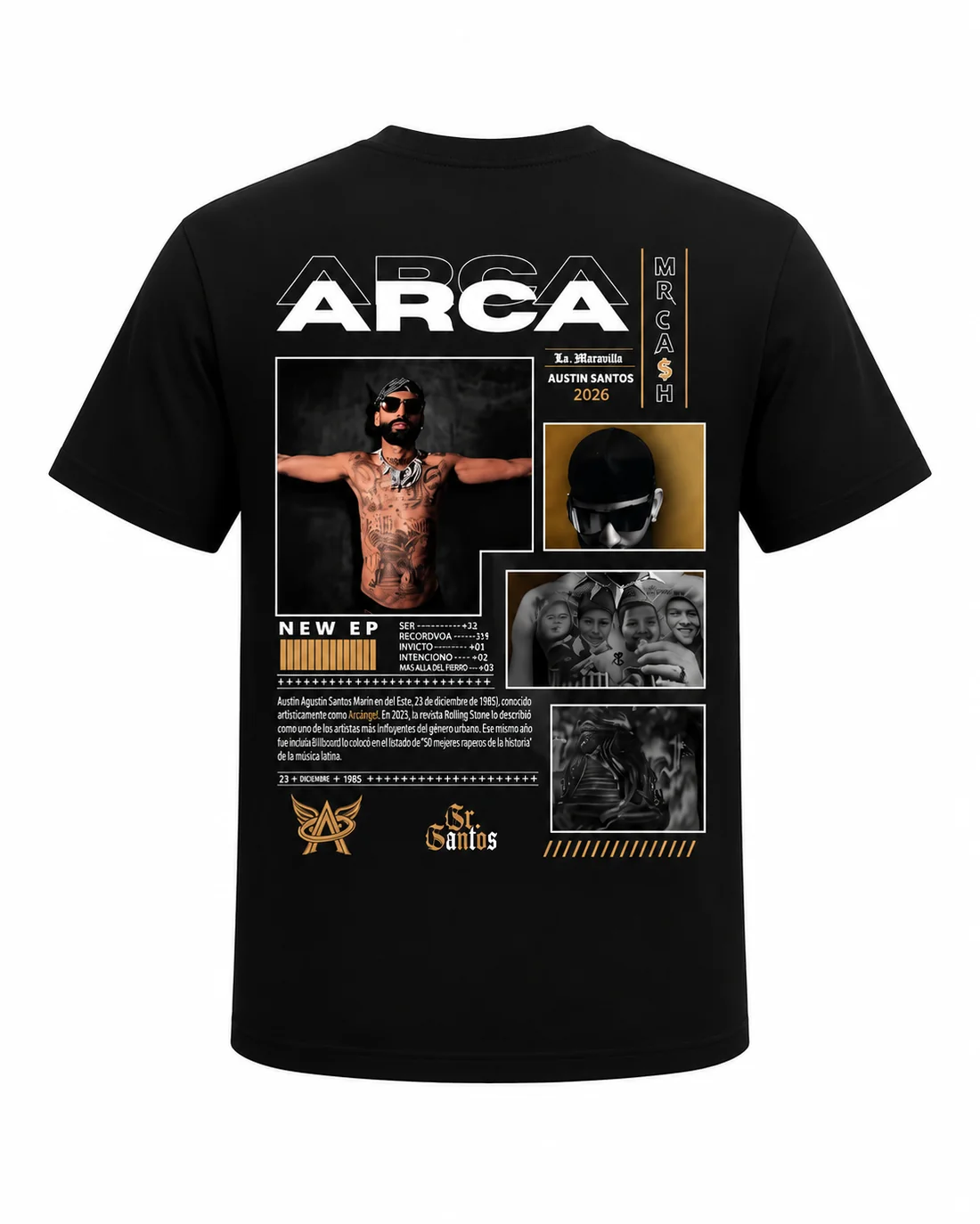 Espalda de la camiseta: diseño editorial completo del Tour con fotografías, tipografía ARCA y detalles dorados