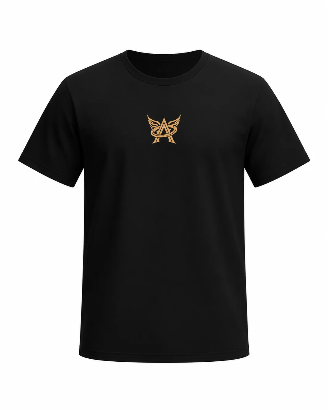 Frente de la camiseta: logo dorado de Arcángel al centro del pecho sobre tela negra